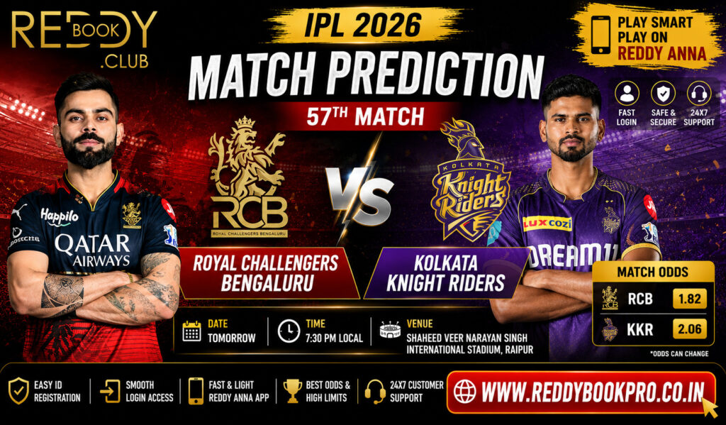 RCB vs KKR Reddy Anna ID Match 57 Prediction IPL 2026